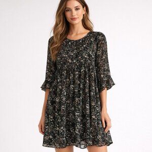 Reitmans Black Floral Pintuck Short Sleeve Dress